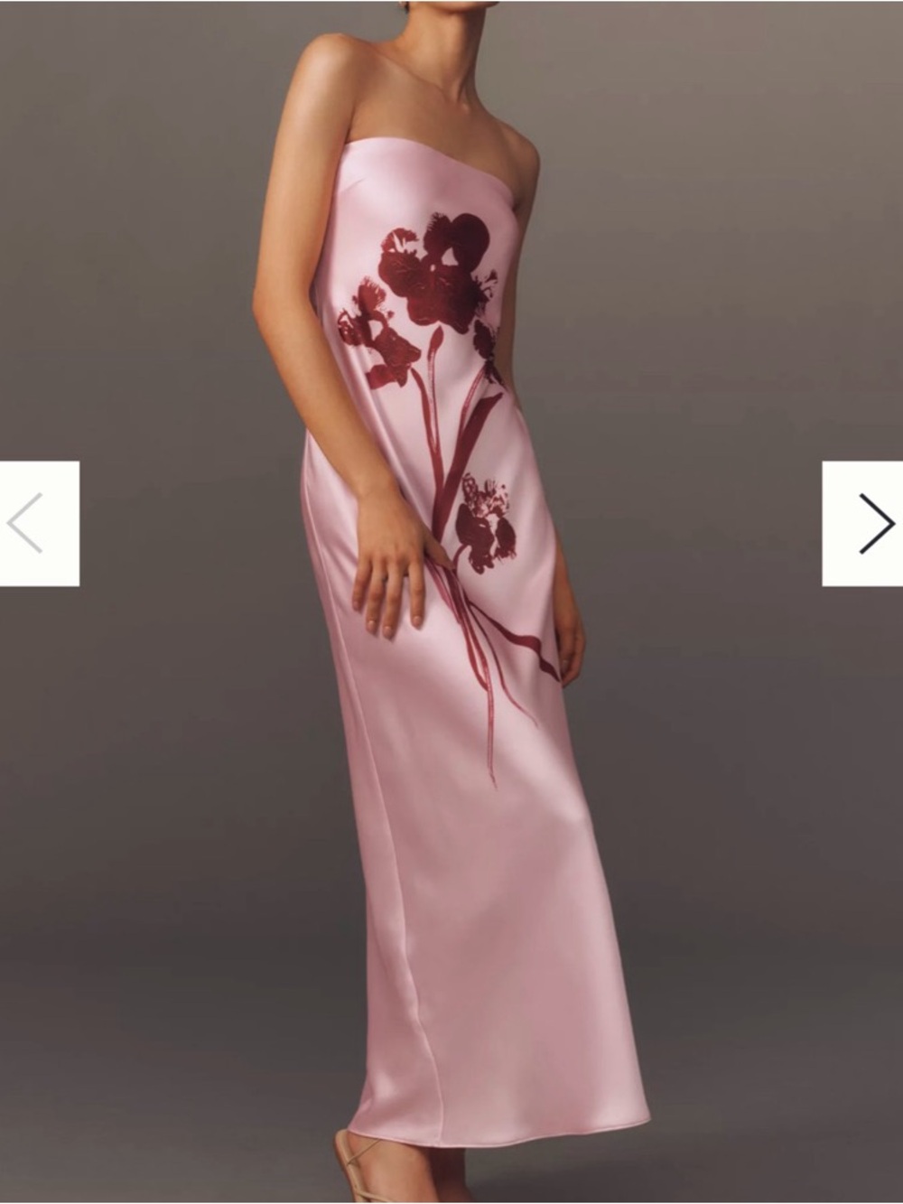 Anthropologie Strapless Pink Satin Maxi Dress with Burgundy Floral Print